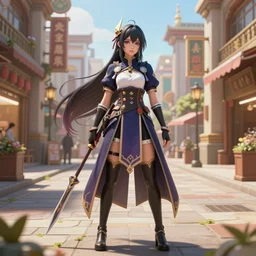 procedurally generated, epic mage girl character posing for poster art, costume design from shopping mall, ancient city streets behind her, substance designer, PBR, HD, Ultra detailed, hyperrealistic, megascans, volumetric light, concept by master artist, made in paint tool SAI2, trending pixiv face