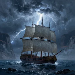 a sail powered pirateship sailing through a powerful lighting storm, cliffs can be seen in the background, in the style of hudson river school, trending on art station, done in all blues