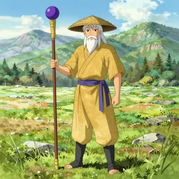 a chinese battle monk, wearing a faded dark yellow toga, straw hat, holding a long wooden staff with a purple ball attached to the top end of it and is perpendicular to the floor, long white beard, beautiful valley with a meadow and dozens of mountains, lots of shading, full body shot, drawn in the style of makoto shinkai