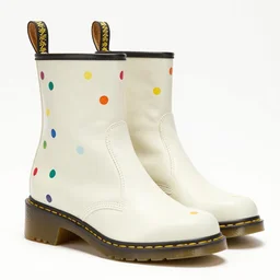 stiletto doc Martin boots with rainbow colored polka dots, product photo, detailed, 4k