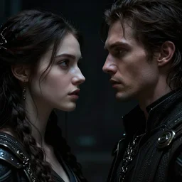 portrait of a beautiful young woman and man looking to each other, high detail, partially in shadow, dark fantasy, sci - fi vibe, face, by gaston bussiere, bayard wu, greg rutkowski, auguste bourotte, bastien deharme, masterpiece, sharp focus, cinematic lightning