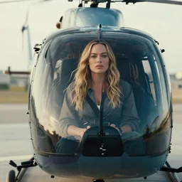 a photo of margot robbie sitting on a helicopter, hyper realistic face, beautiful eyes, cinematic, long shot, hyper detailed, 8 5 mm photograph, 8 k resolution, film still, sharp lens, wide lens