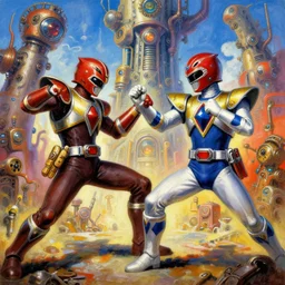 an exciting anime scifi action vibrant impressionist renaissance oil painting of power rangers sparring by al williamson and vincent di fate, trending on artstation, vivid steampunk concept