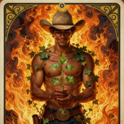 a beautiful dramatic epic ethereal symmetrical painting of a handsome cowboy (smiling sadly) holding a green plant in his hands | he is dark skinned and shirtless and wearing a cowboy hat and is draped in ivy | background is an epic flames fire conflagration | tarot card, art deco, art nouveau | by Mark Maggiori | trending on artstation