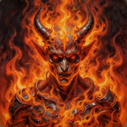 closeup camera shot demonic figure wrapped in spiraling hellfire, metal album cover, demon staring into the camera, detailed oil painting by H. R. Giger.