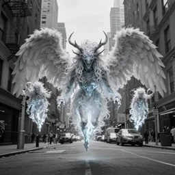 adorable ultra realistic fluffy glowing cosmic horror with inspiration from baphomet and biblically accurate angels floating down an empty monotone New York street
