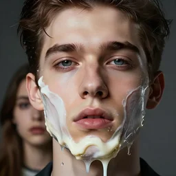 close up of gorgeous hyperrealistic male face melts like ice cream, digital art masterpiece, highly detailed neo pop surrealism, jason limon kay sage hannah yata, dramatic lighting, medium shot, low angle, uhd 8 k, sharp focus