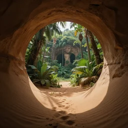 a circular time portal in the desert through which an ancient jungle is visible