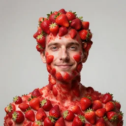 portrait of a man covered in strawberries, slight smile, strawberry, magical, art by greg rutkowski