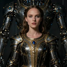 portrait of young natalie portman as princess of dark futuristic robotic world, by jan van eyck, h r giger, mysticism, intricate, highly ornate dark gold trim armoury