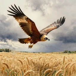 watercolor painting of a kestral flying through a wheat field