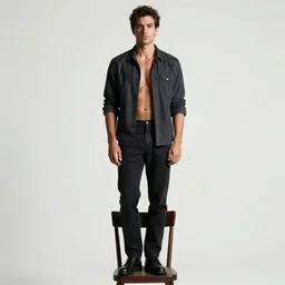 A man standing on the chair, white background