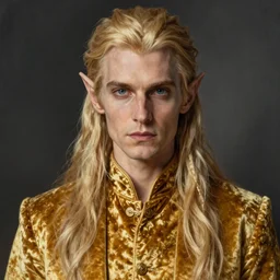 portrait painting of a sly long haired blonde elf man wearing a golden velvet suit, ultra realistic, concept art, perfect eyes, high symmetry, intricate details, eerie, highly detailed, photorealistic, octane render, 8 k, unreal engine. art by artgerm and christophe vacher and charlie bowater and magali villeneuve and alphonse mucha