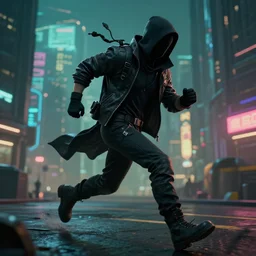 a bandit running in a cyberpunk city, hyper detailed, digital art, trending in artstation, cinematic lighting, studio quality, smooth render, unreal engine 5 rendered, octane rendered
