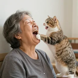 an old woman happily opening her mouth wide and a cat happily jumping into her open mouth