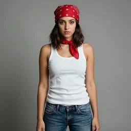 portrait of a los angeles female gang member, wearing a red headscarf, a white tank top, and jeans, by nikolay makovsky.