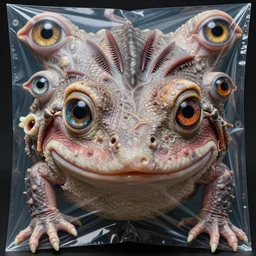a high resolution photo of a head, various animal eyes, amphibia morphing nature documentary, plastic wrap, bump map, dolphin gills morph scales merged in fur skin, wrinkled muscles skin, veins merged feet head, normal map, displacement, distorted animal head face eyes arms tail, reflection map,