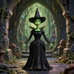 A Tim Burton style claymation figurine of Wicked Witch from the movie “the Wizard of Oz“, Green skin, black dress, black pointed hat, concept art, stone castle interior