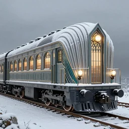 retro streamline train in the shape of a cone covered with ribs in the Art Nouveau and Gothic style, Art Deco, snow, windows and wheels of the train in the style of Gothic windows, steel structures in the Art Deco and Gothic style, Modernr style,a locomotive lantern illuminates the space in front of the train, octane render, realistic render, 8k, HD