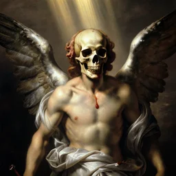 an angel with a skull made of meat for the head by caravaggio, dramatic lighting, blood, god rays, angelical