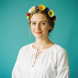 a photograph of beautiful nordic woman, pleasant smile, wearing a white folkdrakt dress, she has a summer flower headband. against a teal studio backdrop. strong kodak portra 4 0 0 film look. film grain. in - focus