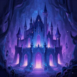 stylized digital illustration of a subterranean magic castle surrounded by a mote, by victo ngai, a house of many doors art, blue and purple color scheme