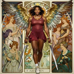 realistic detailed full body portrait of Serena Williams in Nike gear as a Nike Goddess of Victory by Alphonse Mucha, large wings behind, Ayami Kojima, Amano, Charlie Bowater, Karol Bak, Greg Hildebrandt, Jean Delville, and Mark Brooks, Art Nouveau, Neo-Gothic, gothic, Tarot, Tarot card, swords, tarot swords, rich deep moody colors