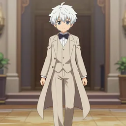 nendoroid aziraphale from good omens, good omens tv series, white curly short hair, beige suit, long coat, beige pants, bow tie, michael sheen