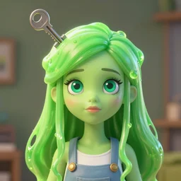 Green pretty slimegirl with key lodged in her head, 4k, trending on art station