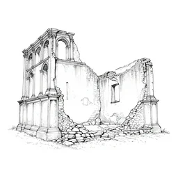 an image of an old ruin. an artists simple line drawing of the building in pristine and complete condition has been overlaid onto a photo of the ruin using double exposure