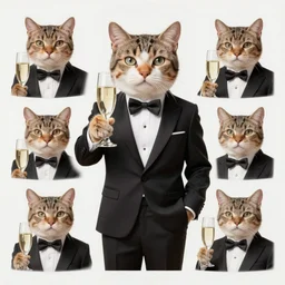 cat in a tuxedo drinking champagne portrait, character sheet, wide angle, highly detailed by peter mohrbacher, greg rutkowski, boris vallejo