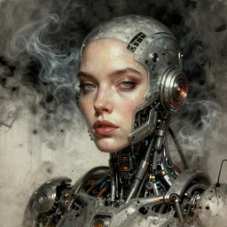 retro tech ink smoke portrait cyborg, futuristic grunge art by WLOP and Tony Sart, artstation