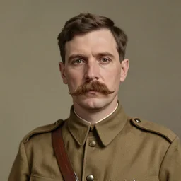 A photograph portrait of Jerma985 with a pyramidal mustache as a soldier in the military in the mid-late 1800s, taken in the mid-late 1800s, 1860s, grainy, taken on a Field View Camera, realistic, hyperrealistic, very realistic, highly detailed, very detailed, extremely detailed, detailed, digital art, trending on artstation