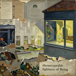the unbearable lightness of being, painting by shaun tan, detailed, intricate, ( torn paper decollage ), oil on canvas by edward hopper, ( by mattias adolfsson ), by moebius