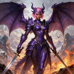 full portrait, solo character!, an alluring dragon hunter, female, intricate skintight purple armor, dragon themed, ornamental, sprouting wings, dark brown skin, short pink hair, swords, battle pose, a background composed of mountains and fire and snow and flying small creatures behind!!, boudoir!, epic, highly detailed, extremely detailed face!, high fantasy, digital painting, by artgerm and greg rutkowski and alphonse mucha, artstation