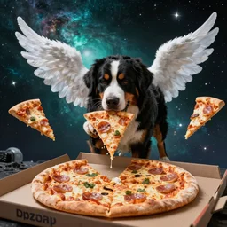 a bernese mountain dog standing on a pizza in outer space. the dog is eating a piece of pizza. pizza slices flying with angel wings in background, dark cyan galaxy and stars in background, 4 k photoshopped image, look at that detail