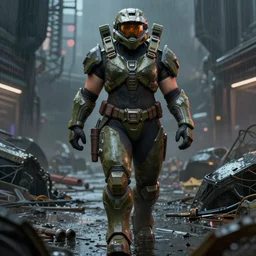 a beefy bulky female warrior walking in a cyberpunk wasteland facing the camera, mjolnir armor from halo infinite without a helmet!!!!!!!!!, intricate, female face features!!!!!!!!!!!!!!!!!!!!, 8K, octane render, Digital painting, concept art, illustration, sharp focus, centered, good value control, realistic shading, rational painting, a rainy night, rubber undersuit