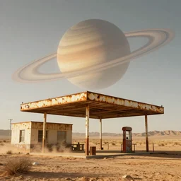 an abandoned gas station in the desert, huge rusty sign in the foreground and a planet like Saturn with dust rings in the background, sunny day, wind and dust, low angle, 4k, ultra details, cinematic, epic style, beautiful photo, hyper realistic, octane render, unreal engine, award winning, on artstation, volumetric lightning, masterpiece, golden hour,