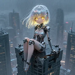 beautiful cyborg + girl!!! sitting on a crumbling skyscraper, rainfall!!, water refractions on lens, fiber optic hair, golden watery eyes, full round face, biomechanical details, digital cyberpunk anime!! art, full body!!!, mid - shot, reflections, wlop, ilya kuvshinov, artgerm, krenz cushart, greg rutkowski