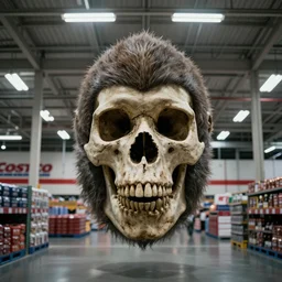 an enormous simian skull floating in the centre of a costco, liminal space, fluorescent lighting, ominous