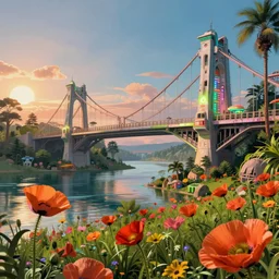 a beautiful hyperdetailed rendering of nature bridge by owen d. pomery, retro futuristic reclaimed by nature water tron dieselpunk lightpaint at dawn thermal vision flowers poppy, archdaily, wallpaper, highly detailed, trending on artstation.