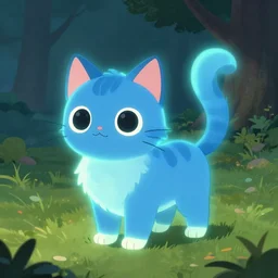 illustration of glowing cute blue cat, field and tree, detailed concept art, artstation, warrior cats, shading,