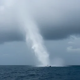 colossal waterspout in the ocean with a single tiny boat caught in it