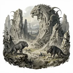 intricate, detailed, haunting painting of Caelid landscape and its monsters by Rembrandt, concept art, illustration