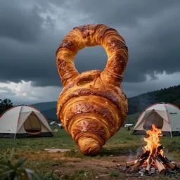 a photograph of croissant dancing on a camp site, giant croissant, tents, campfire, photography, highres