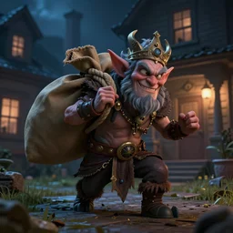 the mythical fantasy goblin king, chuckling to himself and carrying a sack of loot creeping around inside a dimly lit suburban house at night, high quality 3d render, octane, 4k dramatic lighting, trending on artstation