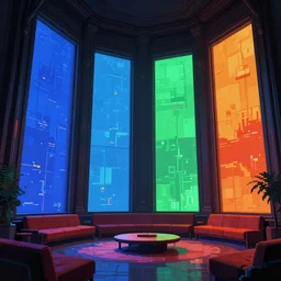 large lounge with very tall windows, gameplay still frame, 4 colors, pixel art, futuristic, splash screen, level design, high contrast, background, deep focus, highly detailed, dramatic lighting, digital painting, artstation, concept art, matte, greg rutkowski, moebius.