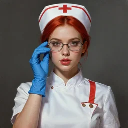 an portrait of an female wearing nurse uniform with short sleeves, blue gloves, red hair, glasses, glossy lips, digital painting, artstation, concept art, donato giancola, Joseph Christian Leyendecker, WLOP, Boris Vallejo, Breathtaking, 8k resolution, extremely detailed, beautiful, establishing shot, artistic, hyperrealistic, octane render, cinematic lighting, dramatic lighting, masterpiece, light brazen, extremely detailed and beautiful face