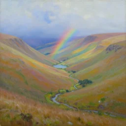 look out across the windswept hills, with rainbow hues, with misty blues, across the valleys, lakes and rills, where landscapes fuse, where eyes peruse. oil on canvas