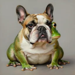 portrait of a bulldog frog, hybrid chimera mix between french bulldog and frog, with the head of a french bulldog and with the body of a frog, concept art, smooth, highly detailed, oil painting by greg rutkowski, greg hildebrandt, tim hildebrandt